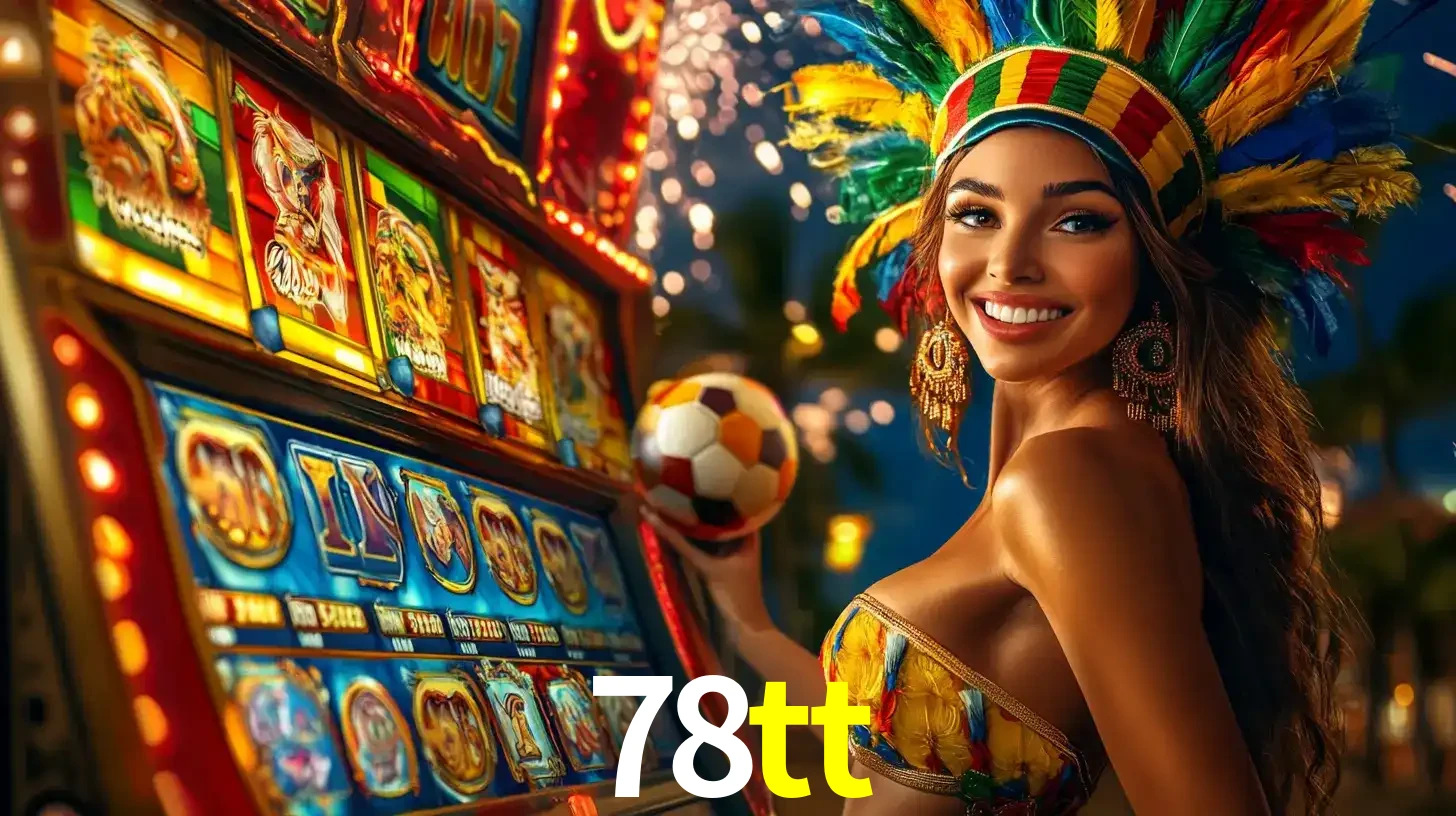 Mulher com um cocar de carnaval ao lado de uma máquina de caça-níqueis enquanto segura uma bola de futebol, mostrando a união da diversão de cassino e esportes no 78tt.