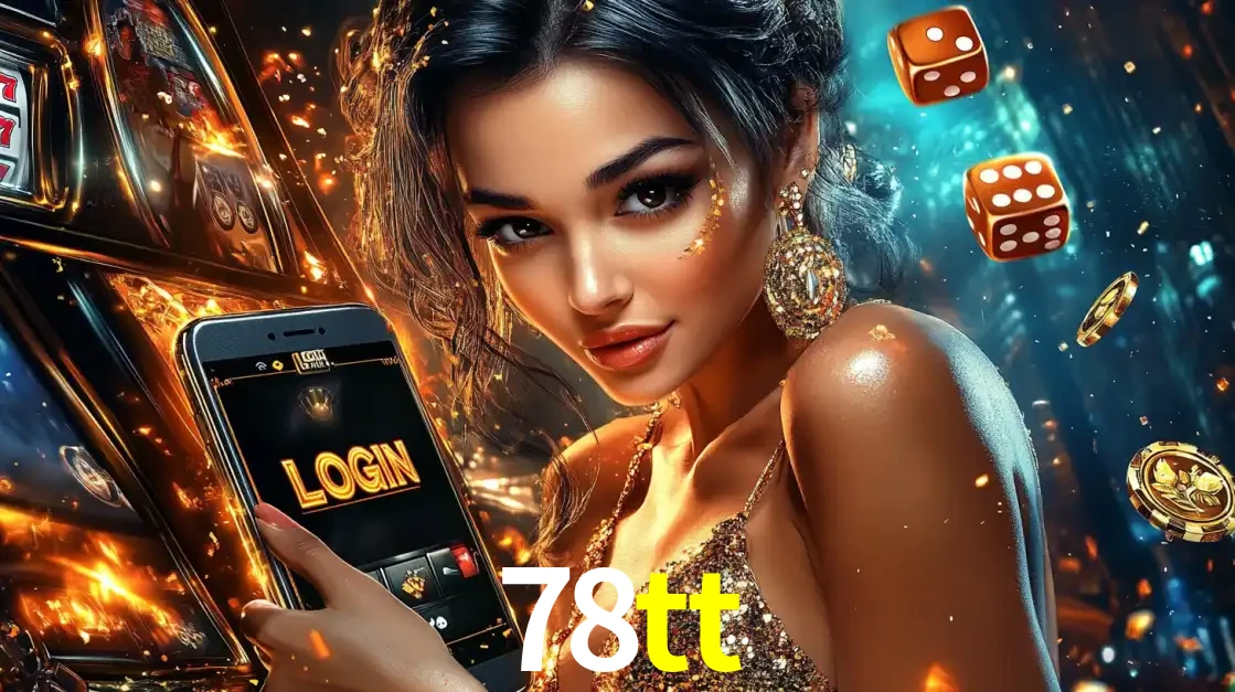 Mulher glamourosa segurando um celular com a tela de login do cassino 78tt, rodeada por dados e moedas douradas, pronta para começar a diversão.