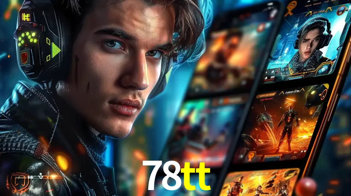 Jovem jogador com fones de ouvido olhando para a câmera, com um aplicativo de jogos e e-sports para celular ao fundo, pronto para a competição e apostas no 78tt.