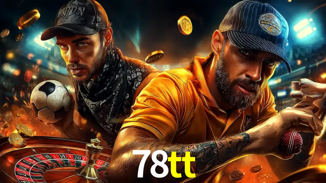 Montagem de apostas esportivas e cassino no 78tt, com um homem segurando uma bola de futebol e outro uma de beisebol sobre uma roleta e moedas voadoras.