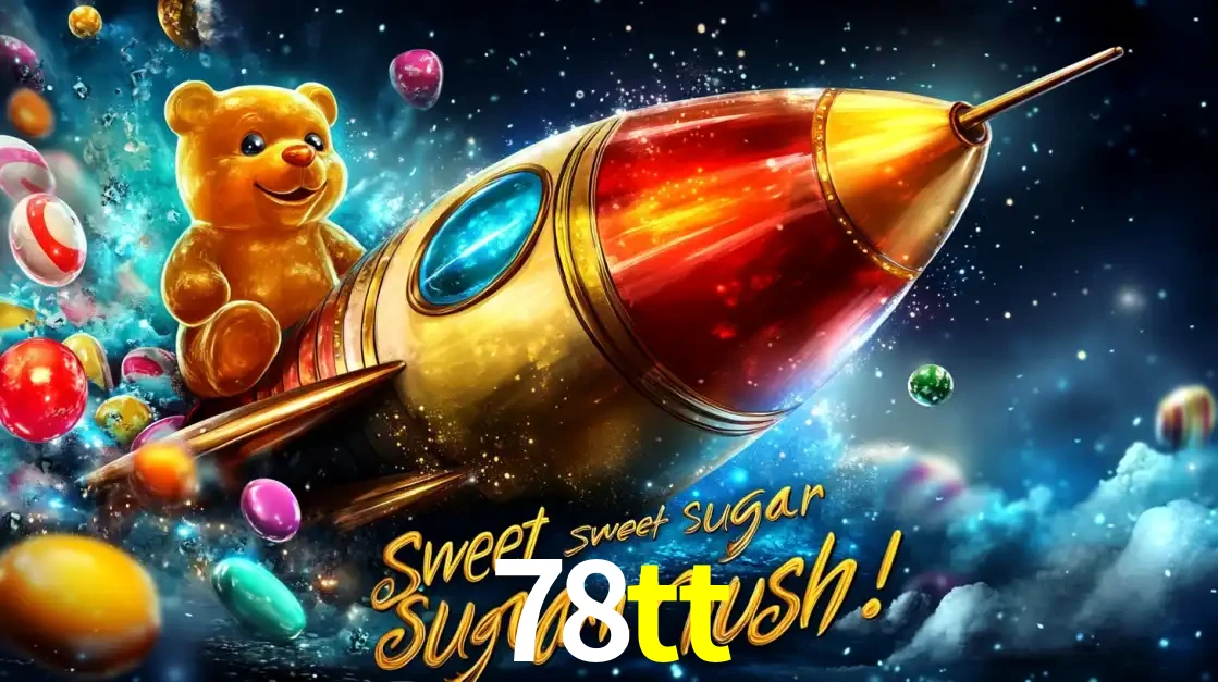 Arte promocional do jogo de slot Sugar Rush, com um urso de pelúcia em um foguete viajando pelo espaço de doces, um dos jogos divertidos disponíveis no cassino 78tt.
