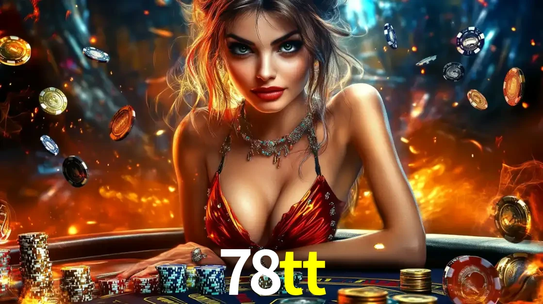 Mulher em uma mesa de cassino com pilhas de fichas e um fundo de fogo, pronta para uma rodada de altas apostas nos jogos de mesa emocionantes do cassino 78tt.