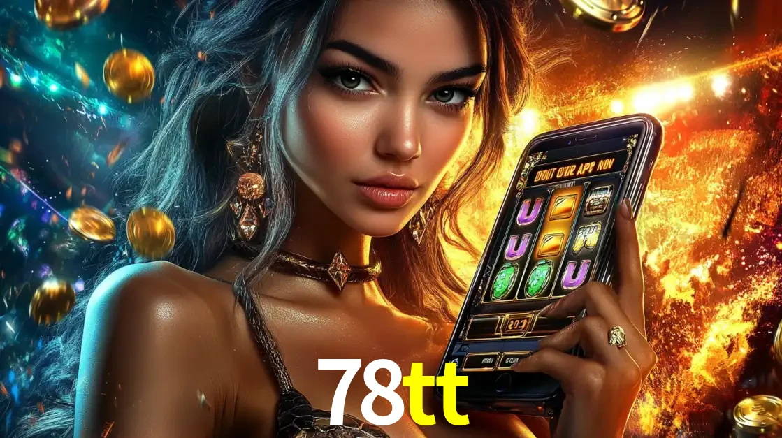 Mulher elegante mostrando um jogo de caça-níqueis em seu smartphone, destacando a experiência de cassino móvel oferecida pelo aplicativo 78tt.