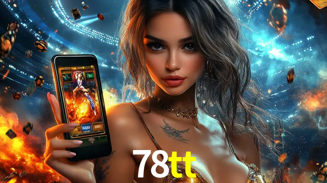 Mulher segurando um celular com um jogo de slot em destaque, tendo como fundo um estádio vibrante, simbolizando a emoção de jogar no cassino móvel 78tt.