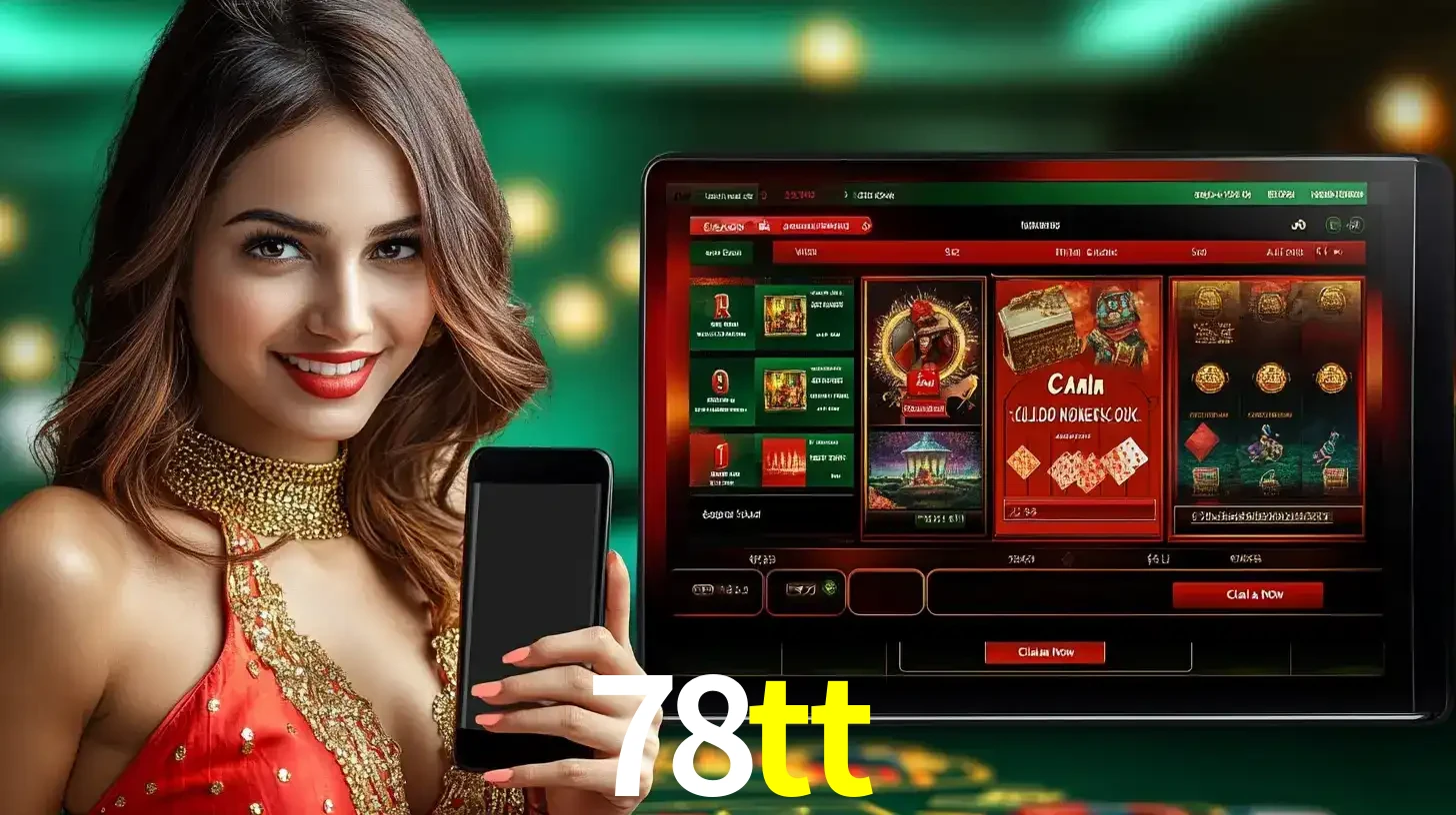 Mulher sorridente segurando um smartphone, ao lado de uma tela exibindo o lobby de jogos do cassino online 78tt, com várias opções de jogos de cartas e slots.